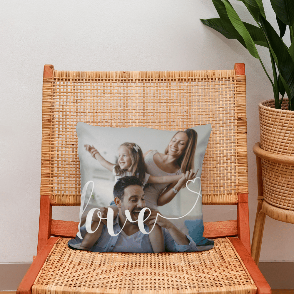 Love in White Script with Heart Personalised Photo Cushion
