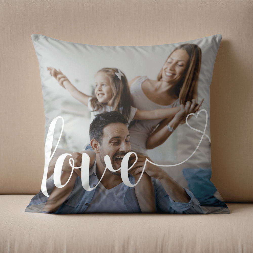 Love in White Script with Heart Personalised Photo Cushion
