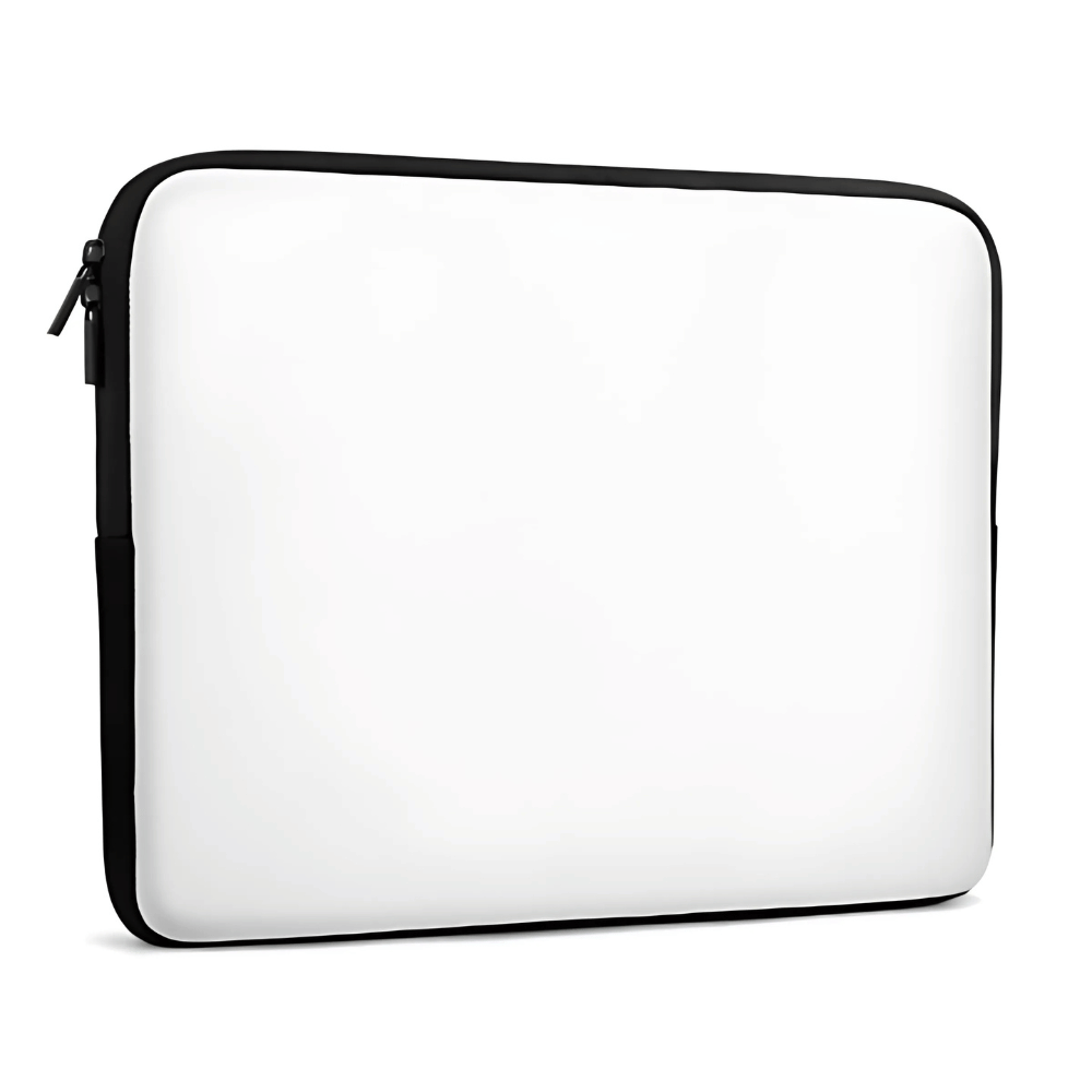 Person placing a laptop into a customisable white laptop sleeve with “Your Design Here” placeholder text in a modern workspace.