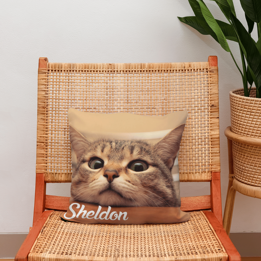 Personalised cotton cushion for pet lovers with a custom photo of a pet and custom name