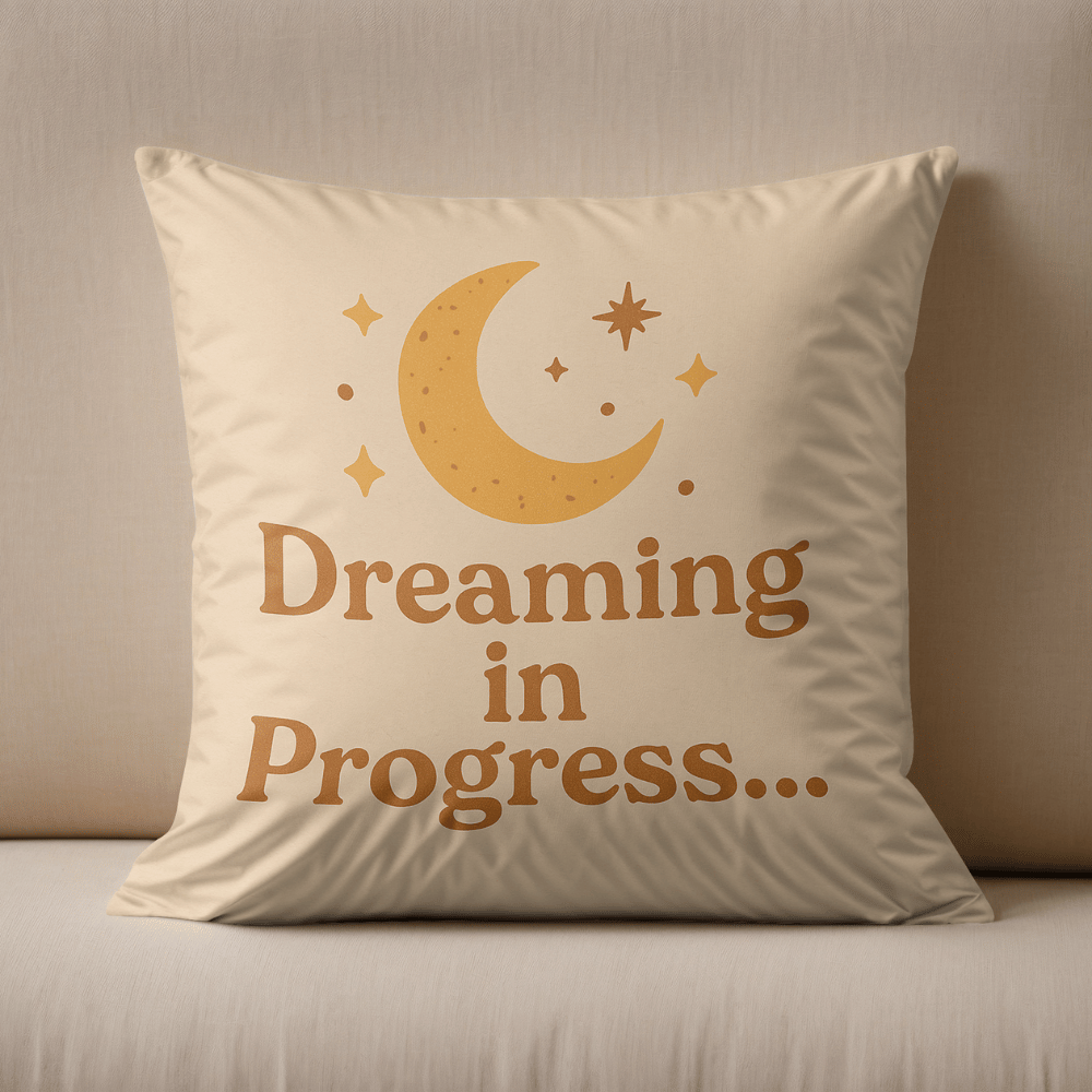Cozy cotton cushion with moon & stars design. "Dreaming in Progress" print
