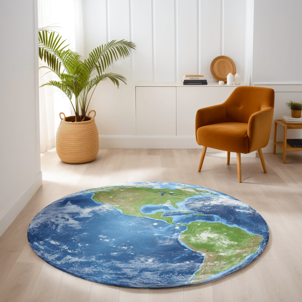 Round Earth rug with a satellite view of North & South America, blue oceans, and white clouds. Soft, durable, and anti-slip.
