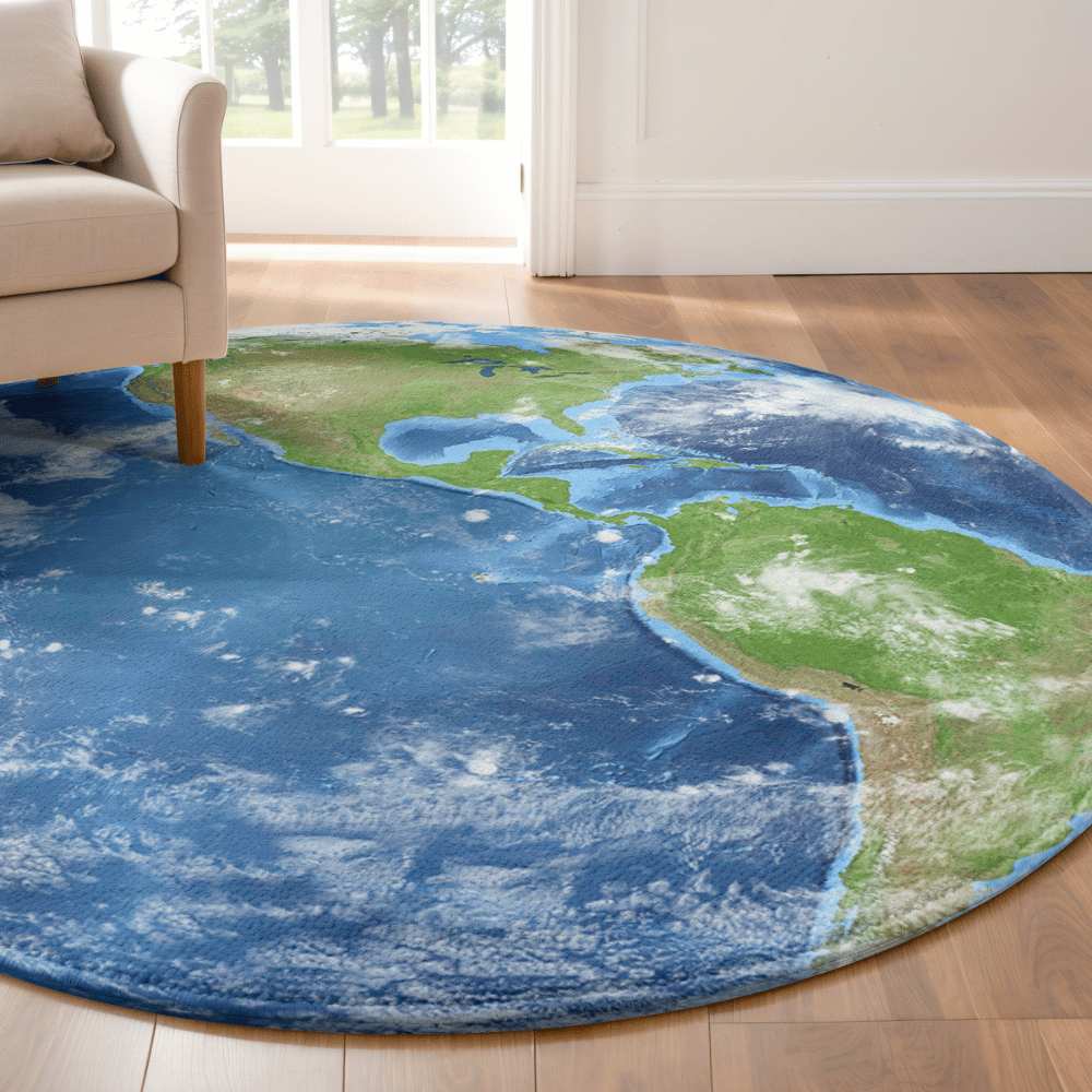 Round Earth rug with a satellite view of North & South America, blue oceans, and white clouds. Soft, durable, and anti-slip.