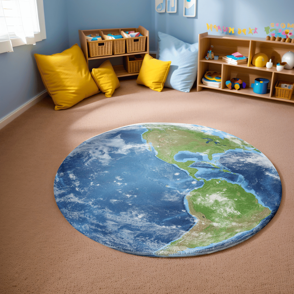 Round Earth rug with a satellite view of North & South America, blue oceans, and white clouds. Soft, durable, and anti-slip.
