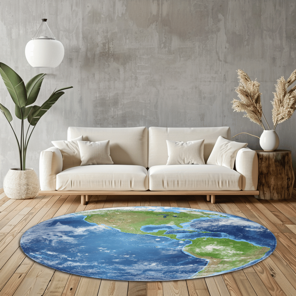 Round Earth rug with a satellite view of North & South America, blue oceans, and white clouds. Soft, durable, and anti-slip.
