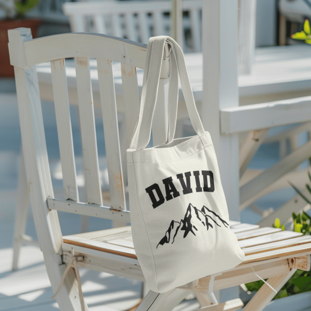 Personalise this mountain tote with any name! A rugged, eco-friendly cotton bag perfect for hikers, campers, or outdoor-loving gift seekers.