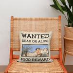 Wanted poster-style cushion with a custom photo, soft polyester fabric, and a discreet zip.