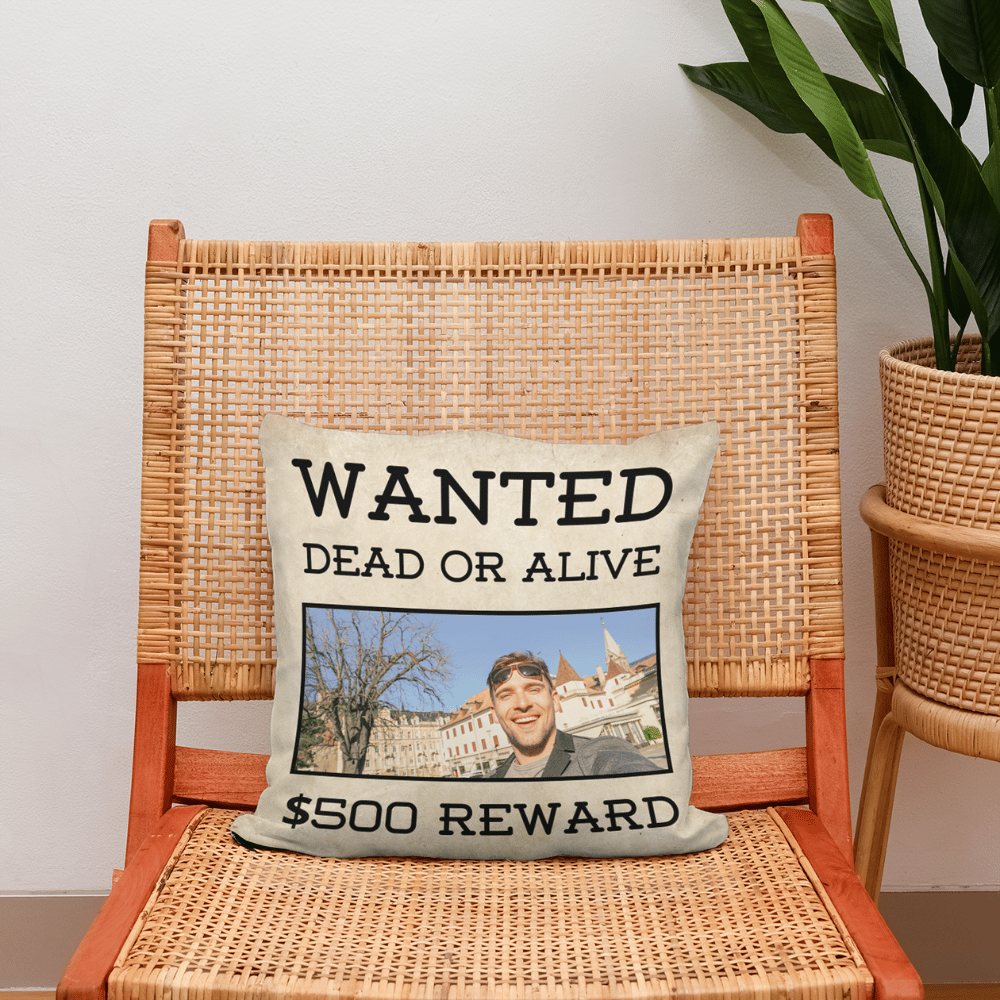 Wanted poster-style cushion with a custom photo, soft polyester fabric, and a discreet zip.
