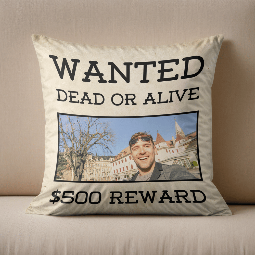Wanted poster-style cushion with a custom photo, soft polyester fabric, and a discreet zip.
