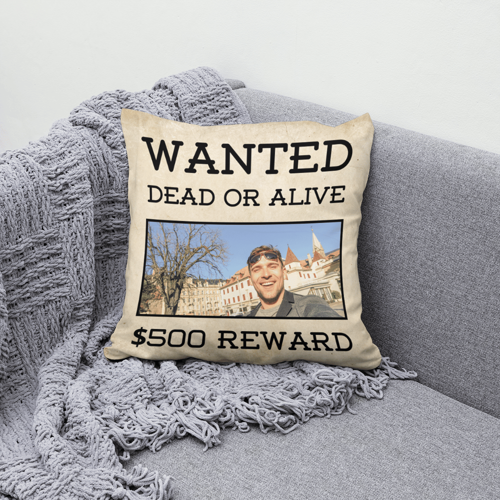 Wanted poster-style cushion with a custom photo, soft polyester fabric, and a discreet zip.