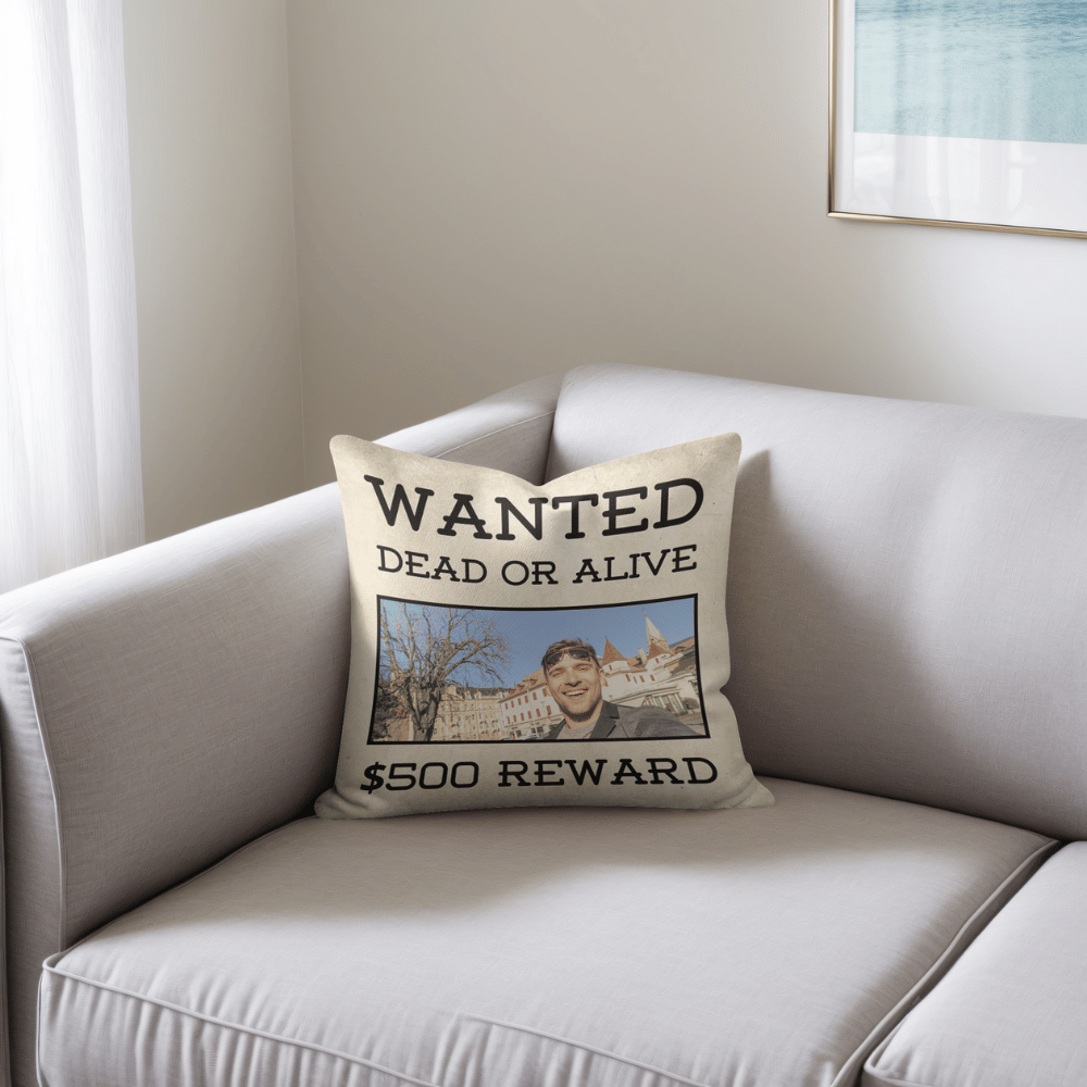 Wanted poster-style cushion with a custom photo, soft polyester fabric, and a discreet zip.