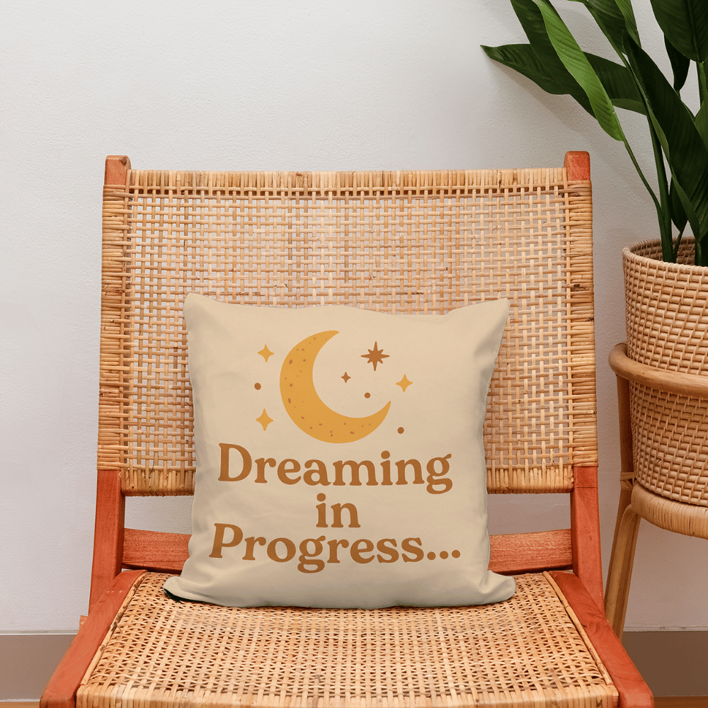 Cozy cotton cushion with moon & stars design. "Dreaming in Progress" print