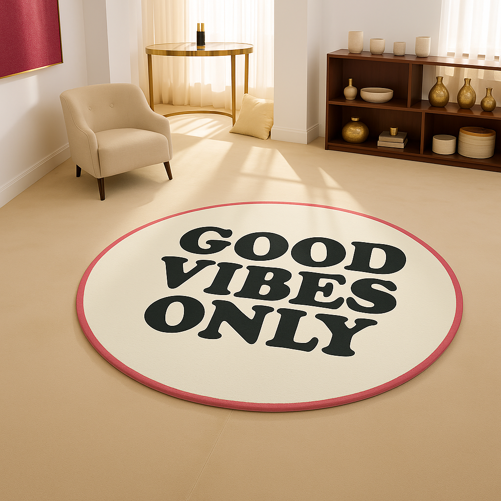 Round cream rug with bold black text reading “Good Vibes Only” and a pink border, designed in a playful retro style.