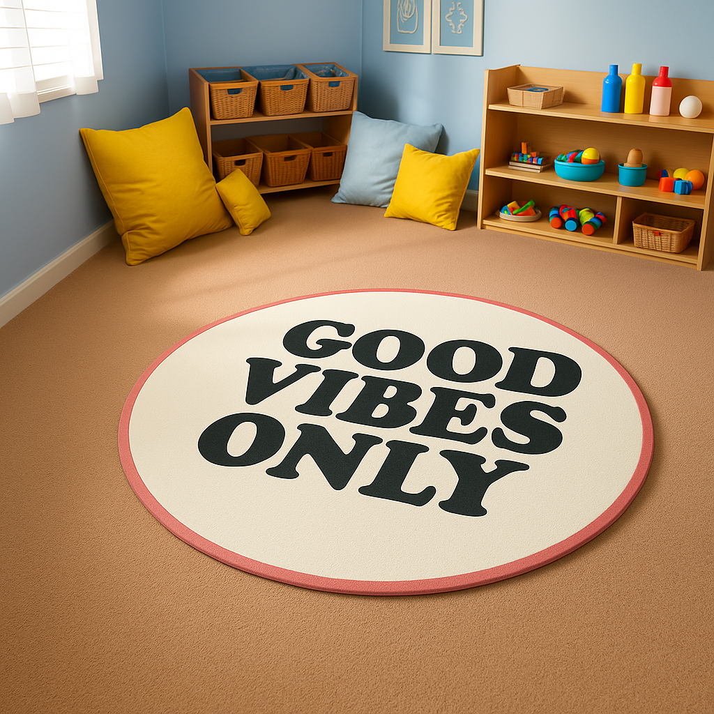 Round cream rug with bold black text reading “Good Vibes Only” and a pink border, designed in a playful retro style.