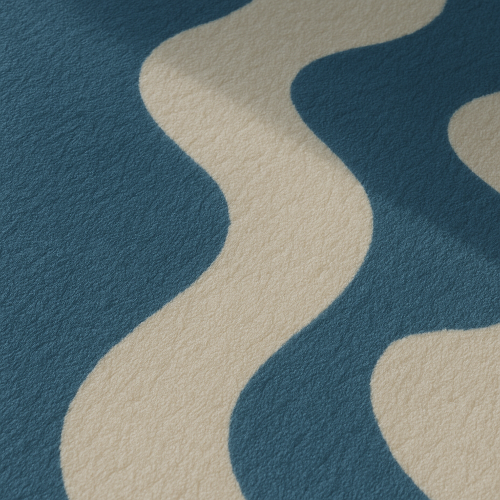 Blue and white circular rug featuring a wavy line design, styled in a cozy, well-lit space.