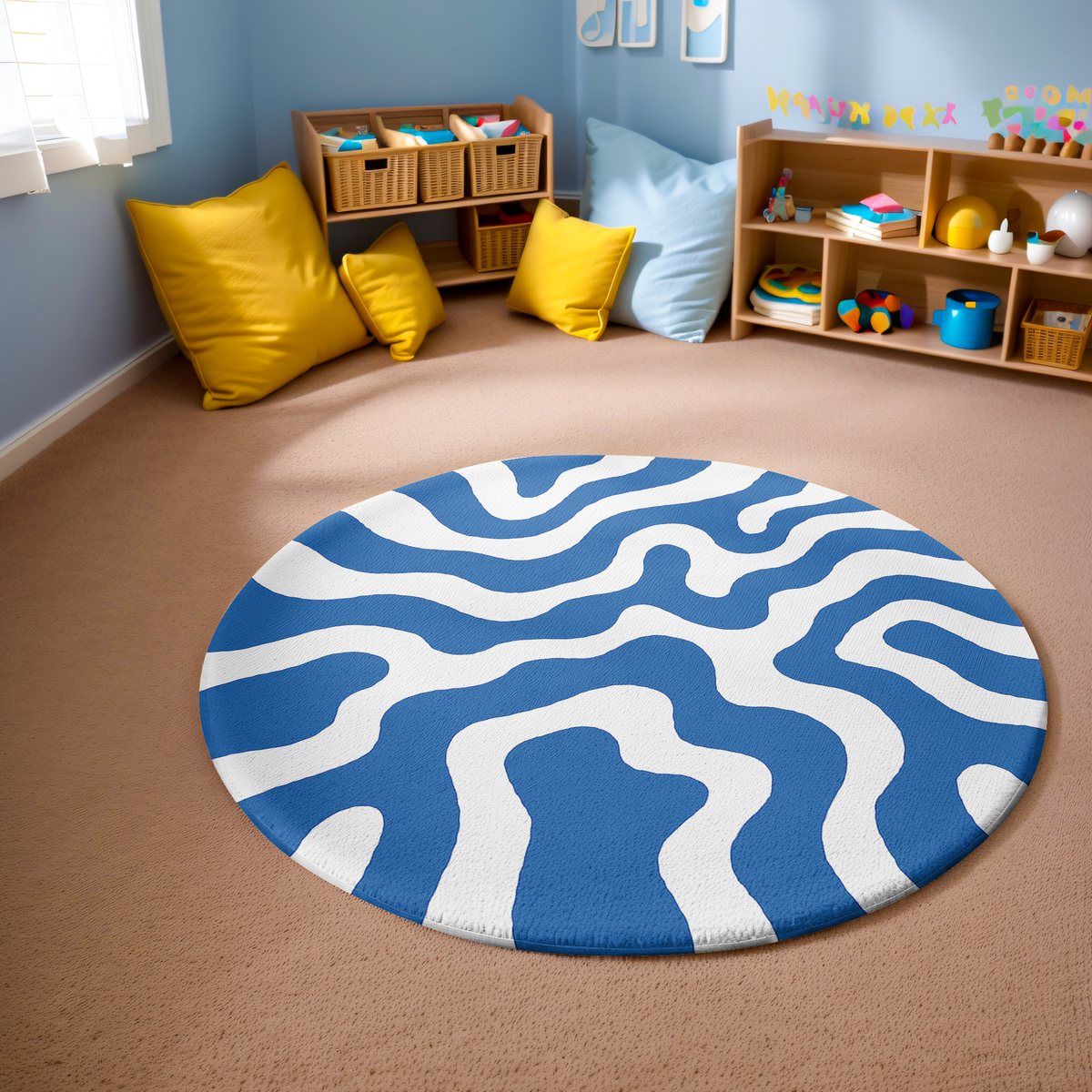 Blue and white circular rug featuring a wavy line design, styled in a cozy, well-lit space.
