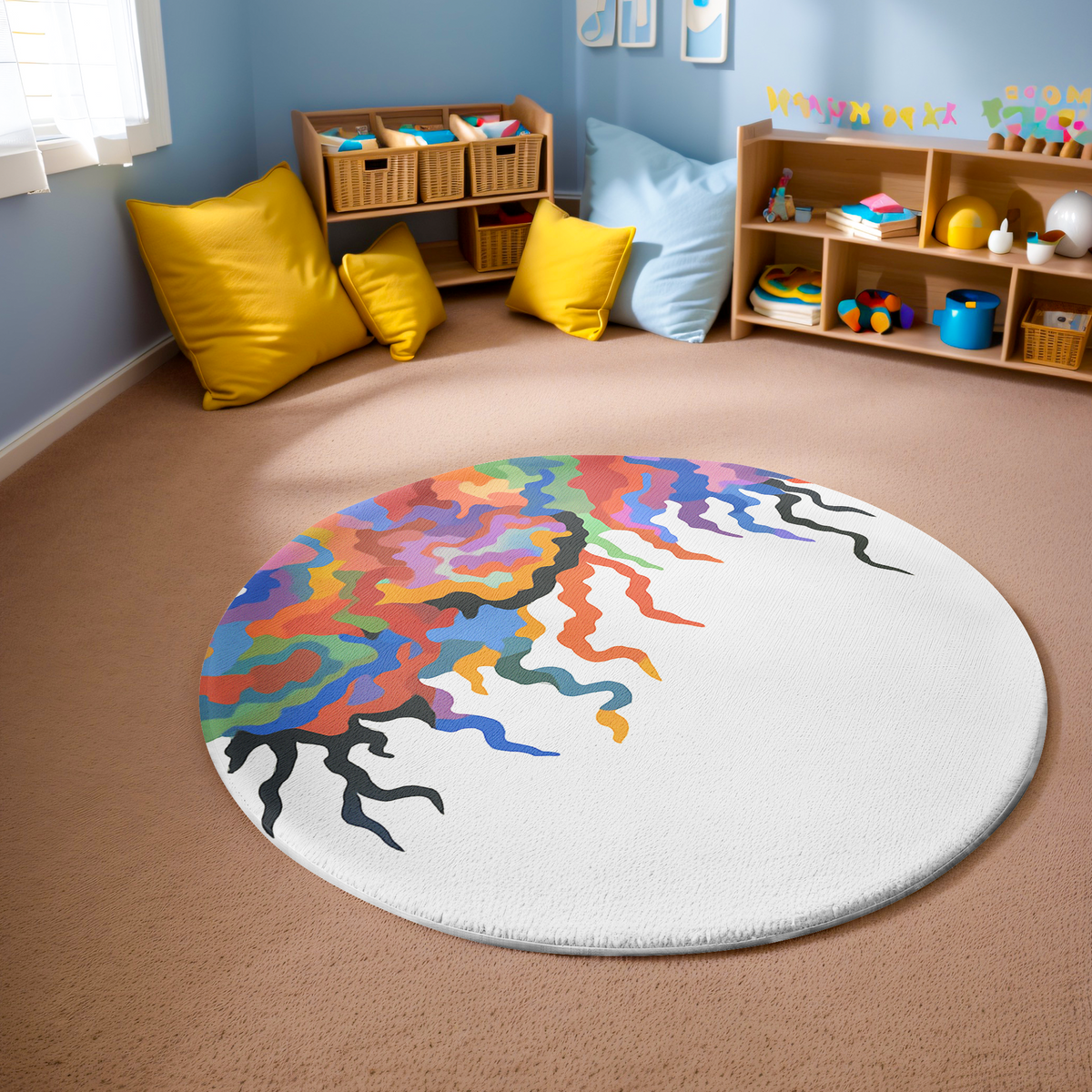 Round rug with flowing abstract multicolor design in red, purple, orange, teal, and black on a clean off-white background in a modern room.