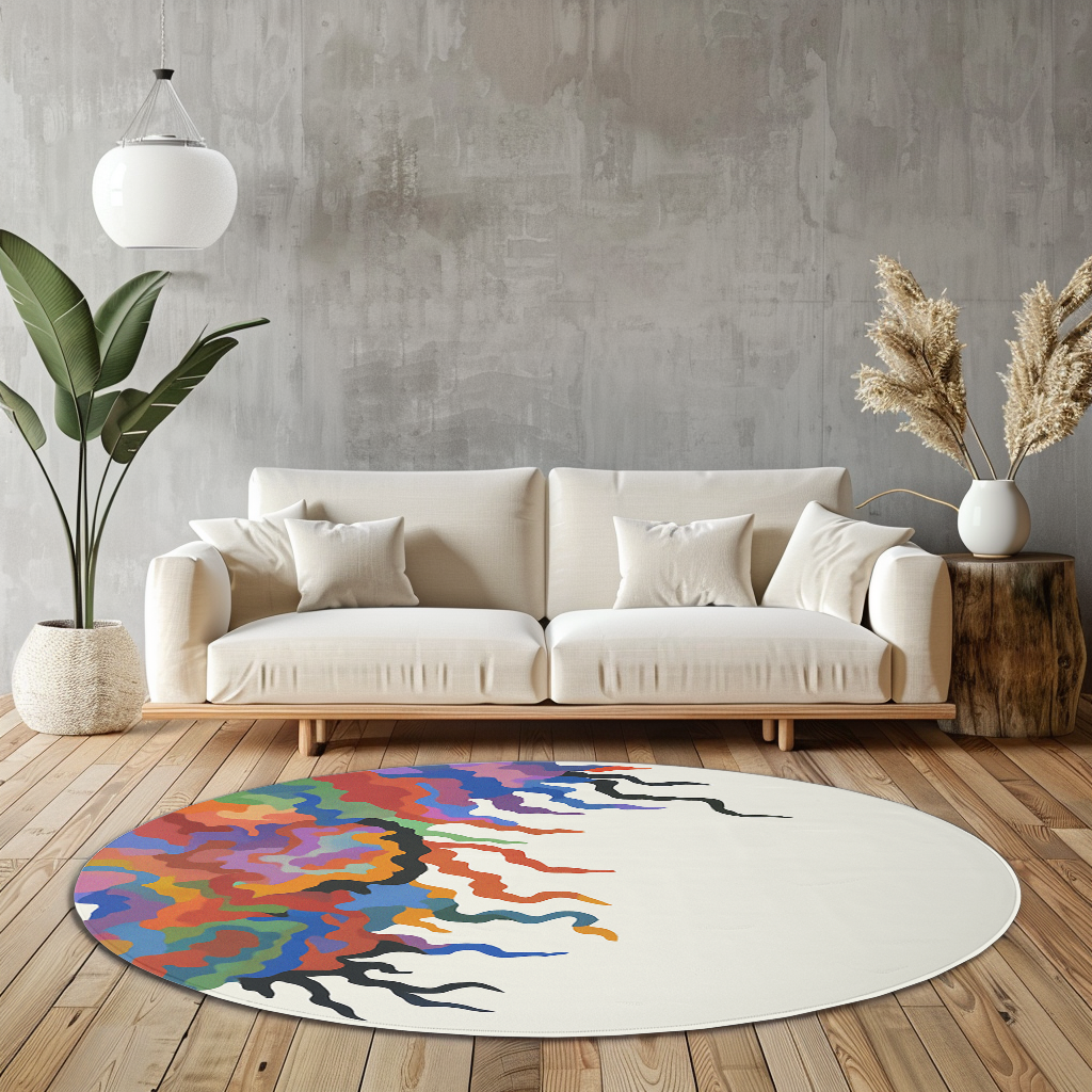 Round rug with flowing abstract multicolor design in red, purple, orange, teal, and black on a clean off-white background in a modern room.