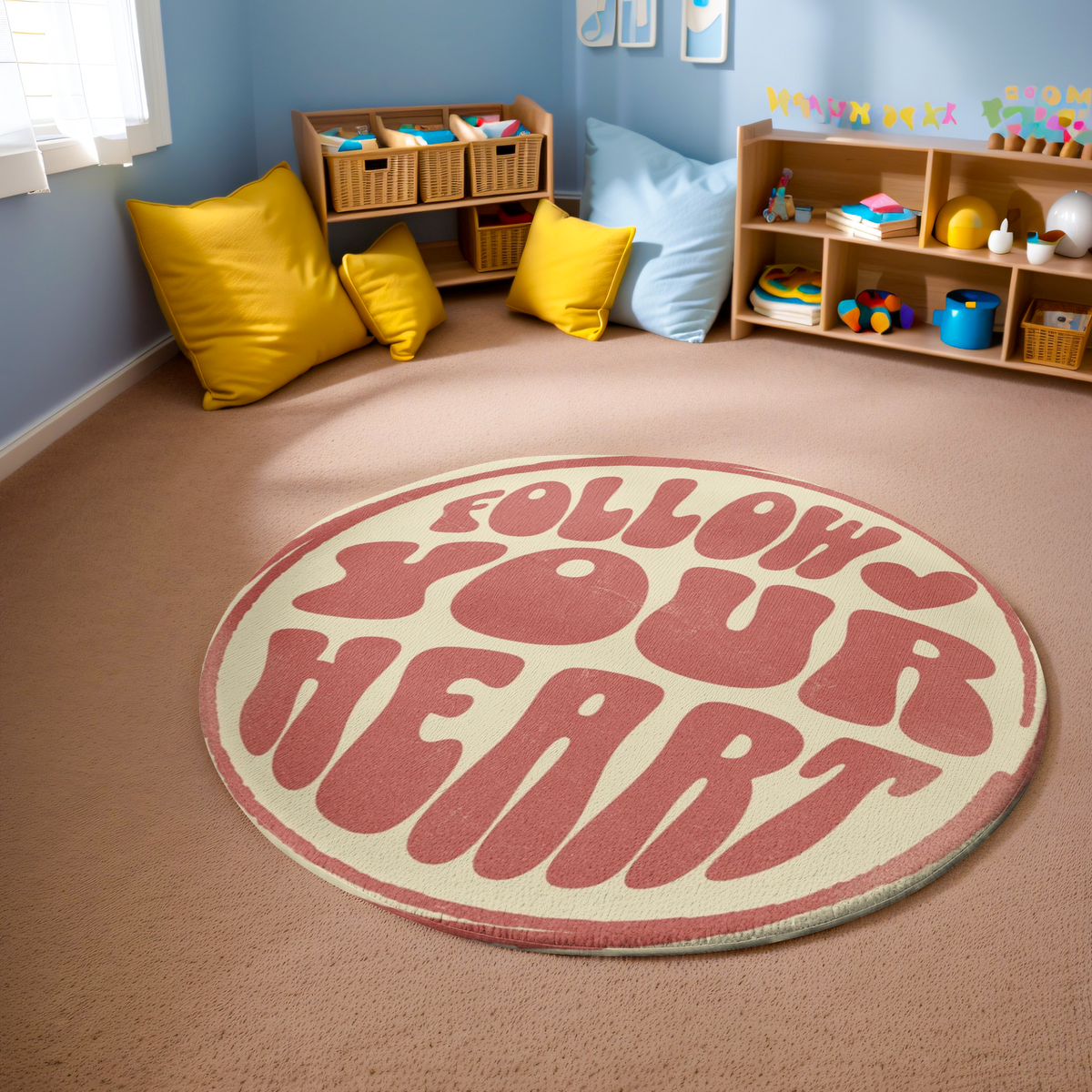 Round rug with retro pink text reading “Follow Your Heart” on a cream background, styled in a bright, modern room with playful decor.