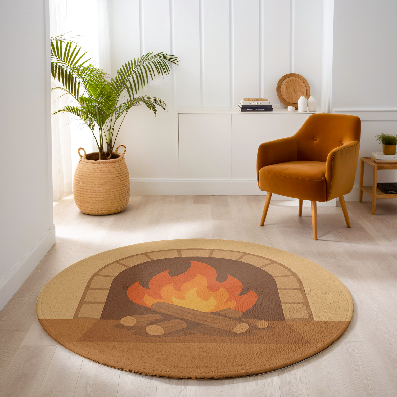 Round rug with an illustrated fireplace showing glowing flames and logs, set on a warm brown and beige background in a relaxed interior.