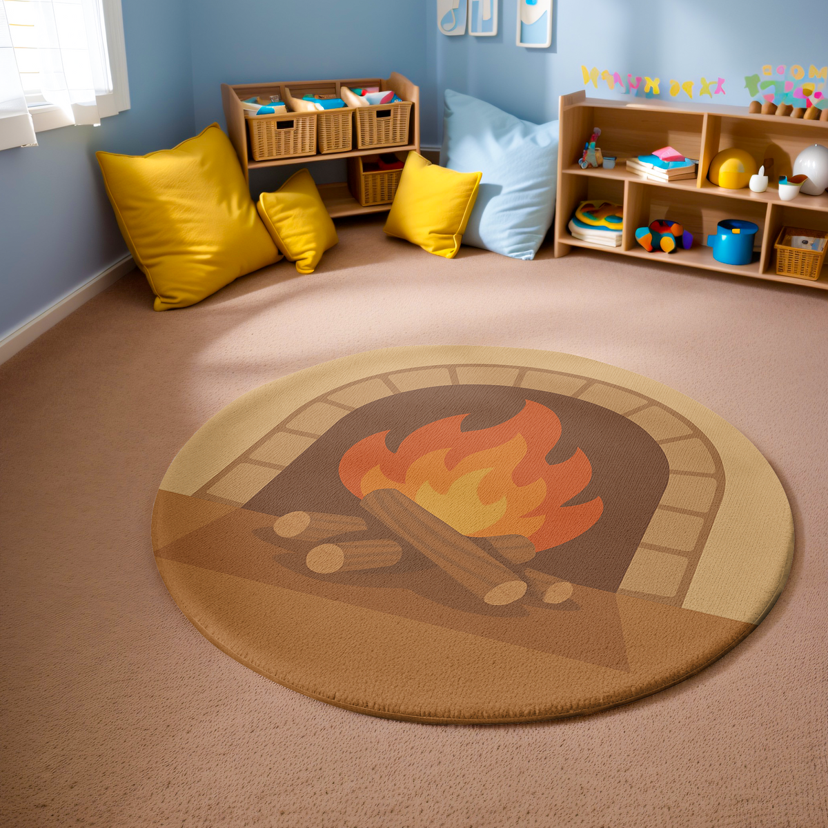 Round rug with an illustrated fireplace showing glowing flames and logs, set on a warm brown and beige background in a relaxed interior.
