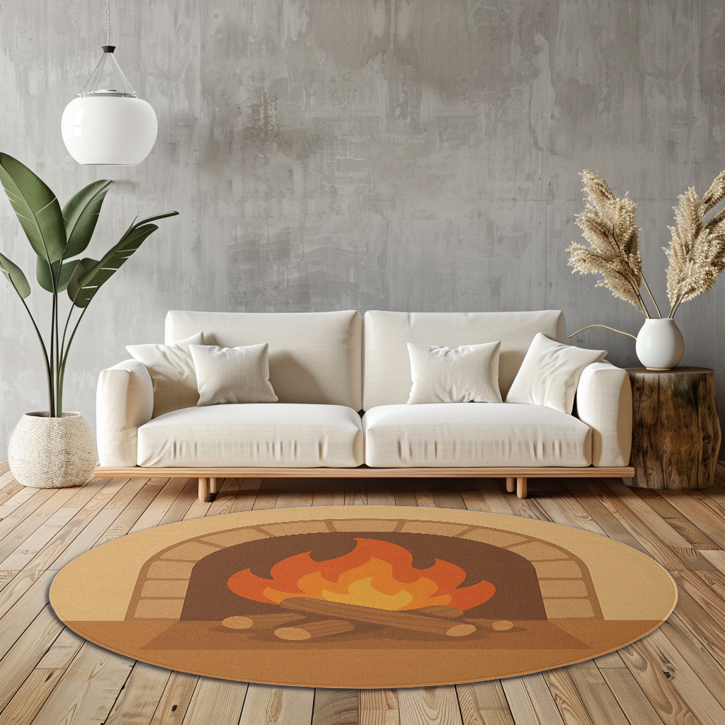 Round rug with an illustrated fireplace showing glowing flames and logs, set on a warm brown and beige background in a relaxed interior.