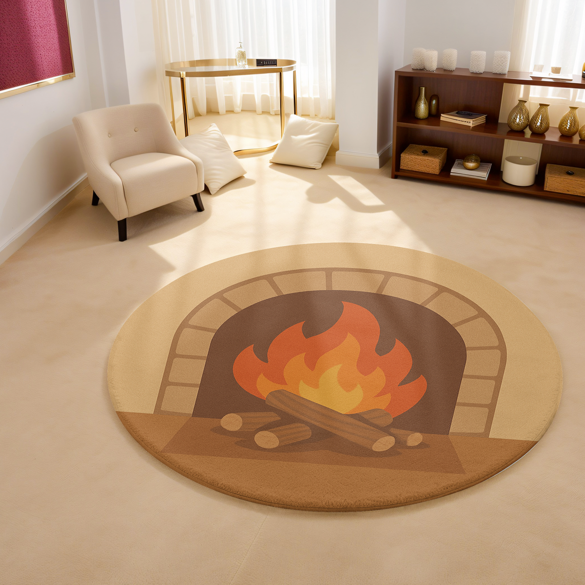 Round rug with an illustrated fireplace showing glowing flames and logs, set on a warm brown and beige background in a relaxed interior.