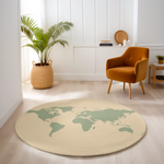Round rug with a minimalist sage green world map printed on a cream background, styled in a bright, neutral-toned living space.