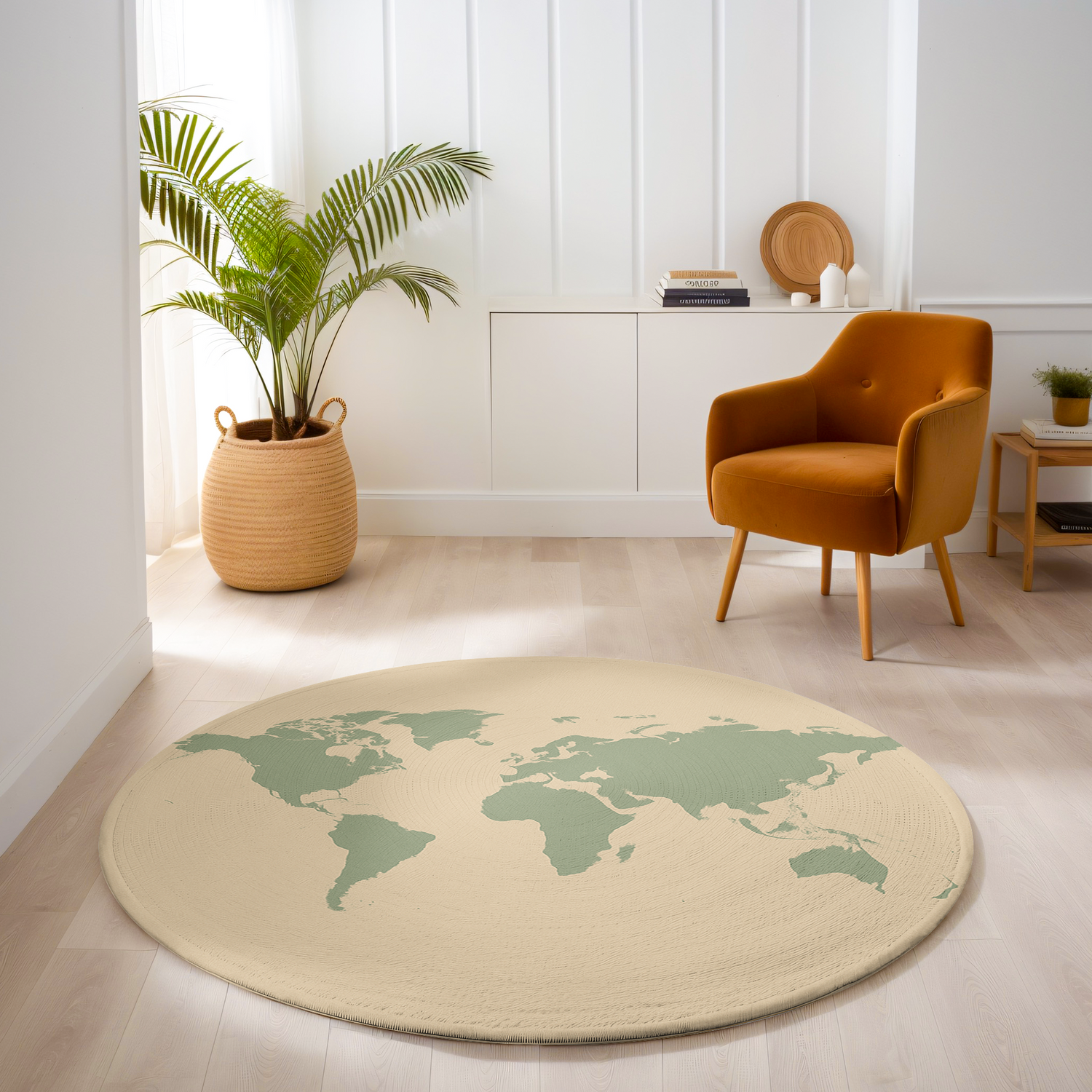 Round rug with a minimalist sage green world map printed on a cream background, styled in a bright, neutral-toned living space.