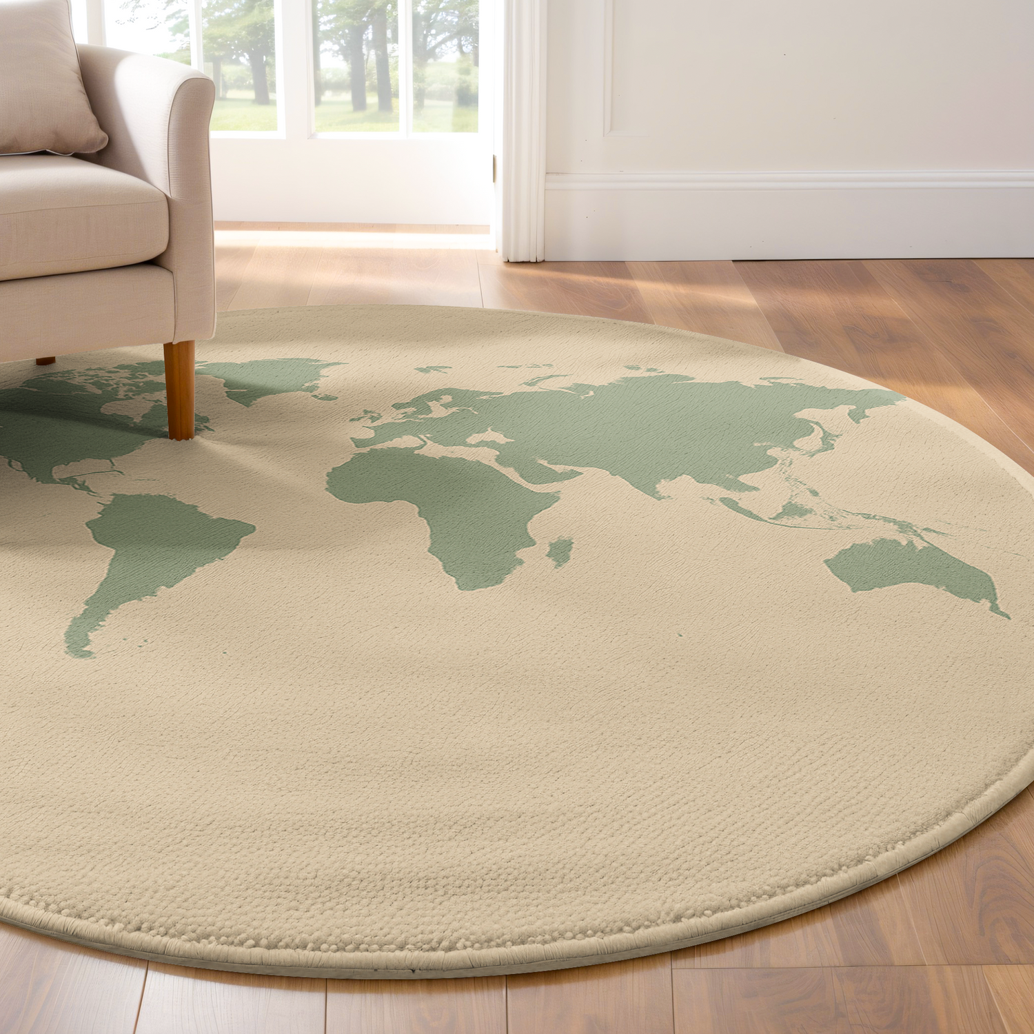 Round rug with a minimalist sage green world map printed on a cream background, styled in a bright, neutral-toned living space.