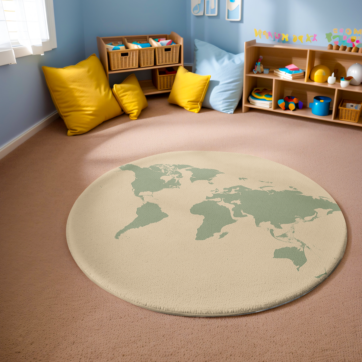Round rug with a minimalist sage green world map printed on a cream background, styled in a bright, neutral-toned living space.