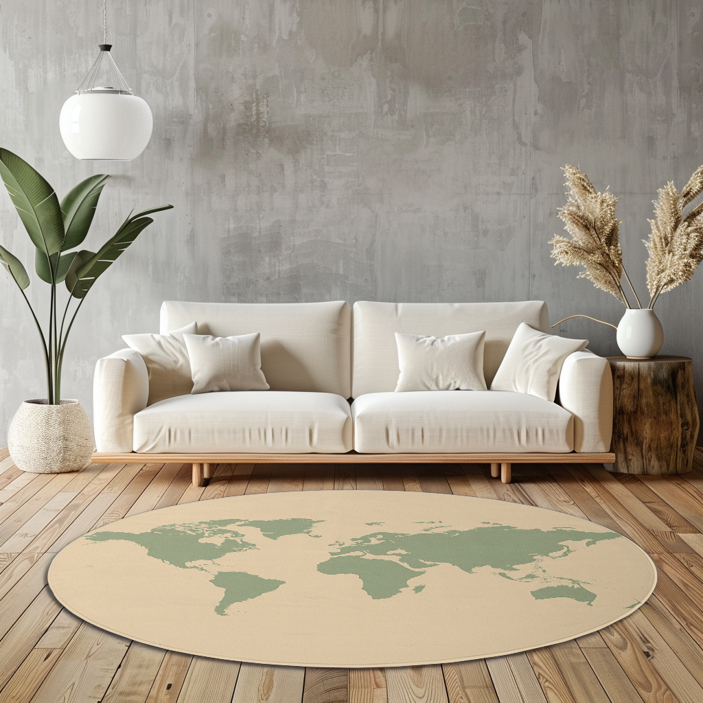 Round rug with a minimalist sage green world map printed on a cream background, styled in a bright, neutral-toned living space.