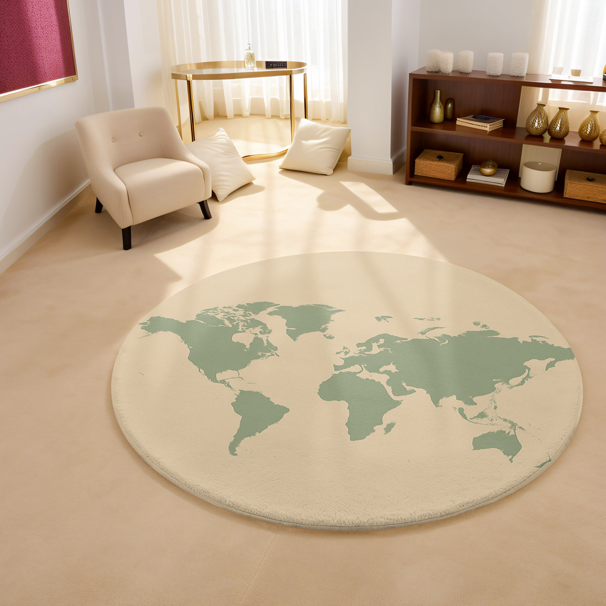 Round rug with a minimalist sage green world map printed on a cream background, styled in a bright, neutral-toned living space.