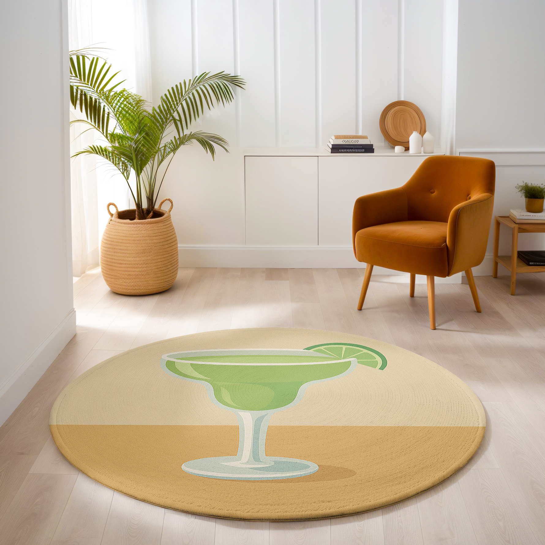 Round rug with a green margarita cocktail illustration and lime slice on a soft beige background, styled with bold, modern simplicity.