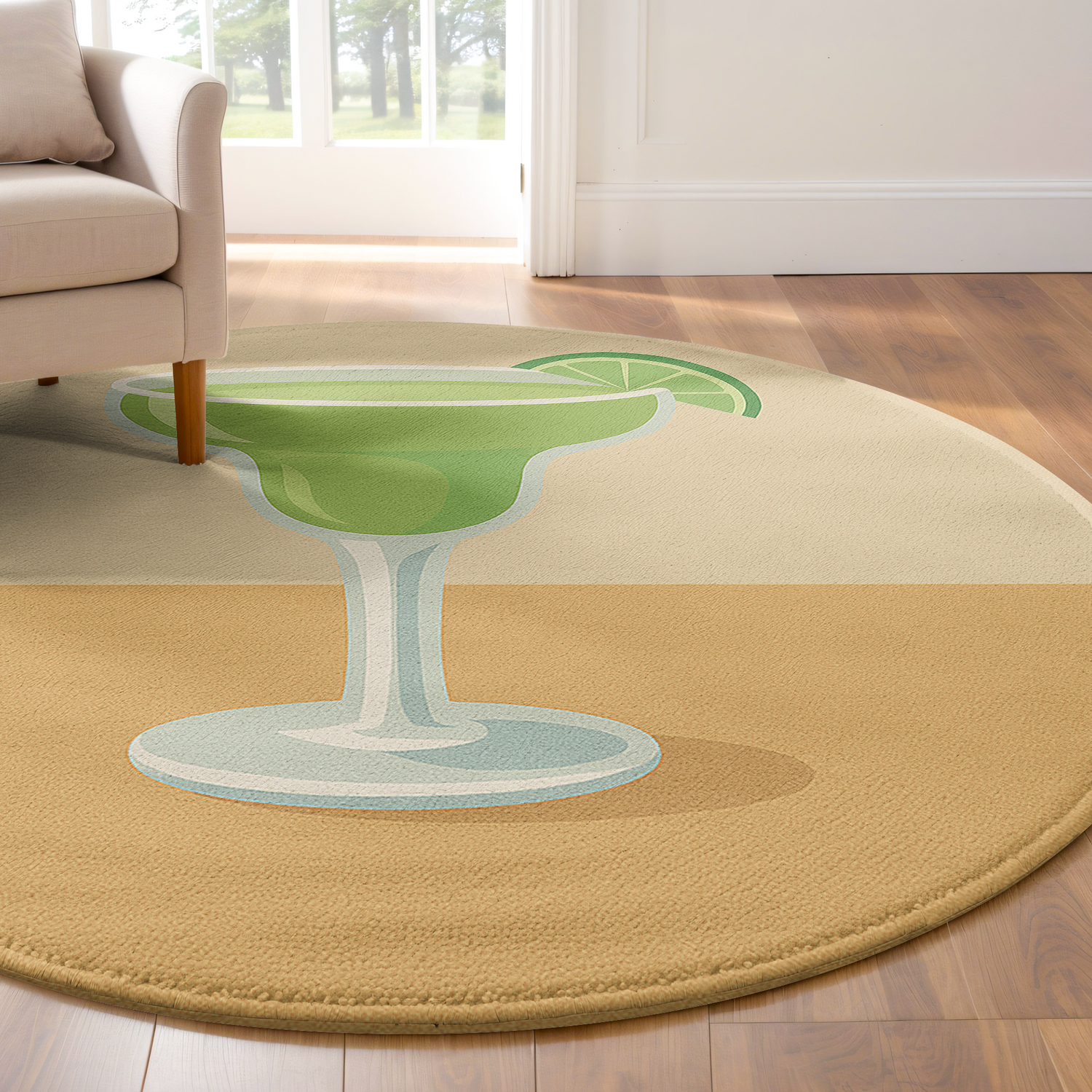 Round rug with a green margarita cocktail illustration and lime slice on a soft beige background, styled with bold, modern simplicity.