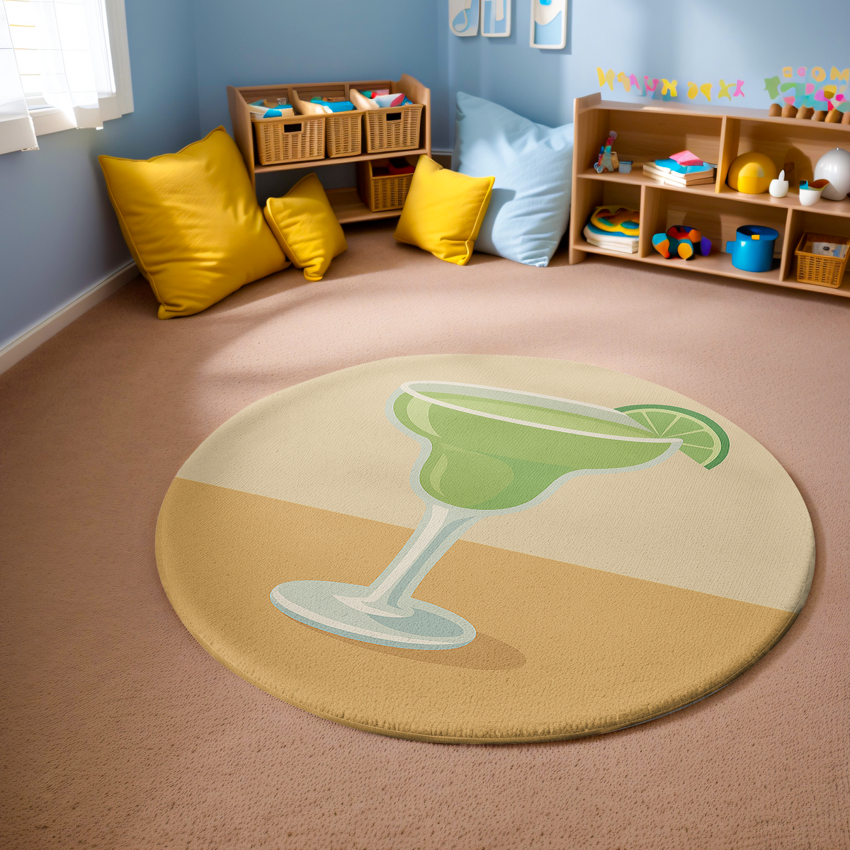 Round rug with a green margarita cocktail illustration and lime slice on a soft beige background, styled with bold, modern simplicity.