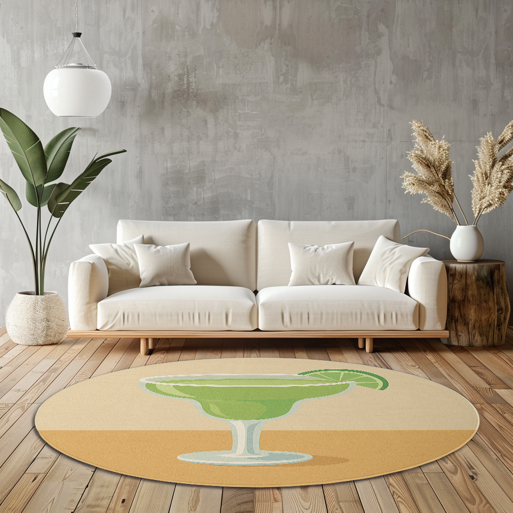 Round rug with a green margarita cocktail illustration and lime slice on a soft beige background, styled with bold, modern simplicity.