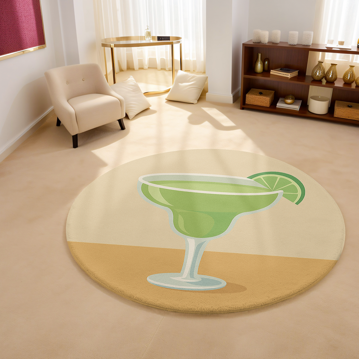 Round rug with a green margarita cocktail illustration and lime slice on a soft beige background, styled with bold, modern simplicity.