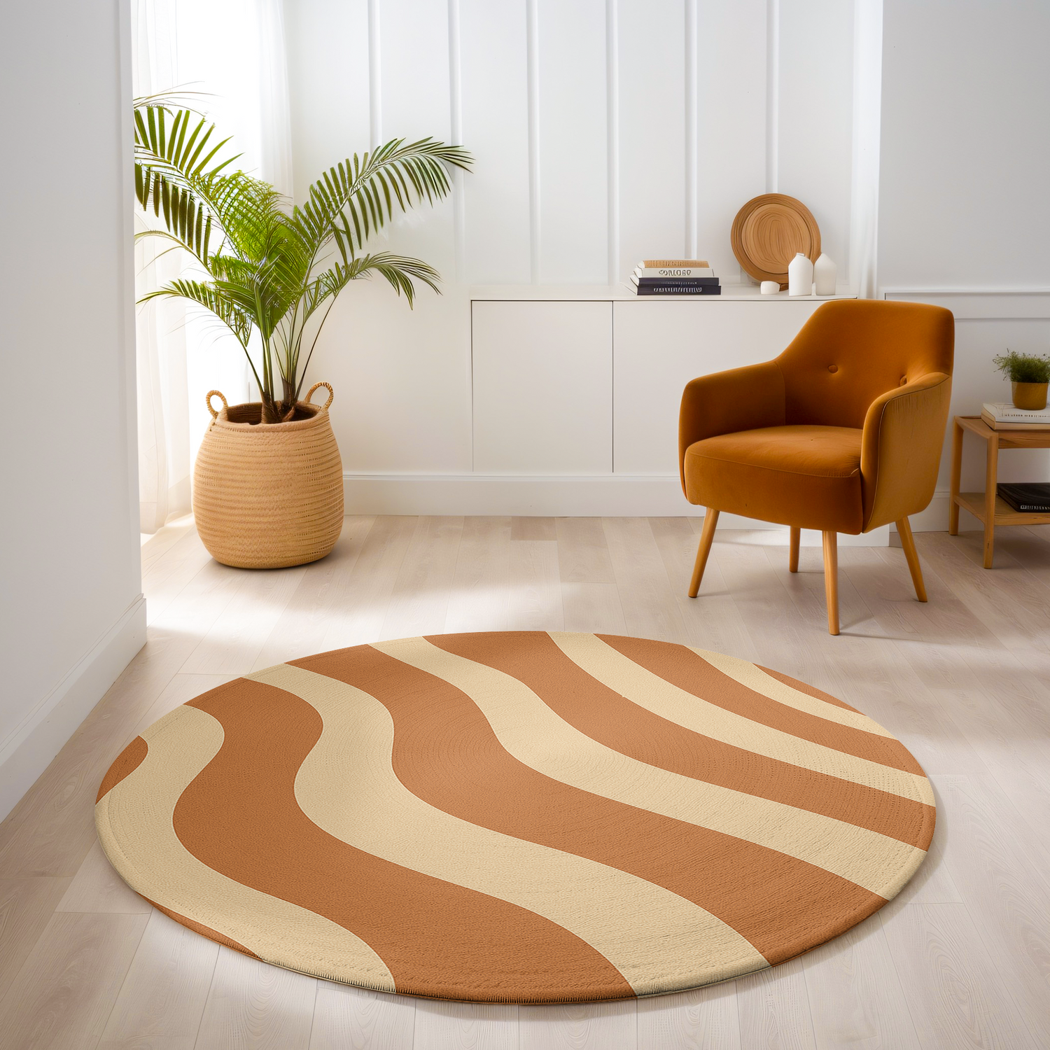Round rug with flowing terracotta and cream curved stripe pattern, designed with a soft retro style and earthy neutral tones.