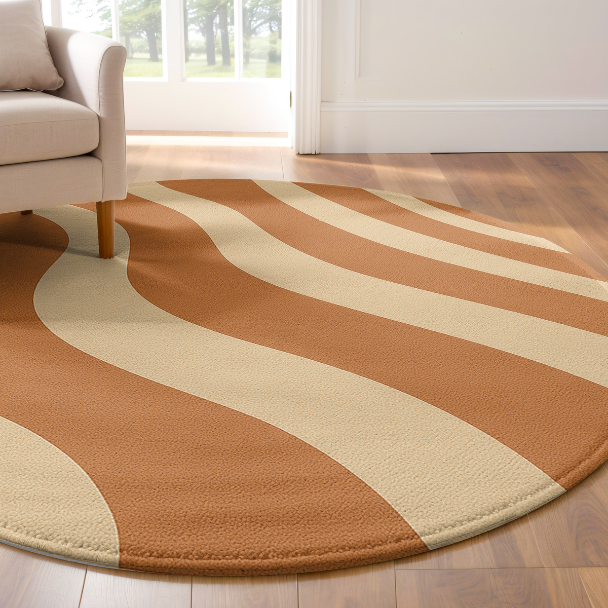 Round rug with flowing terracotta and cream curved stripe pattern, designed with a soft retro style and earthy neutral tones.
