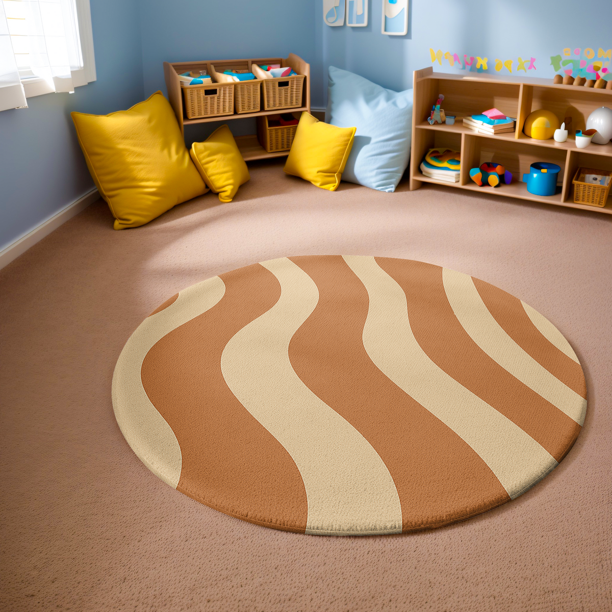 Round rug with flowing terracotta and cream curved stripe pattern, designed with a soft retro style and earthy neutral tones.