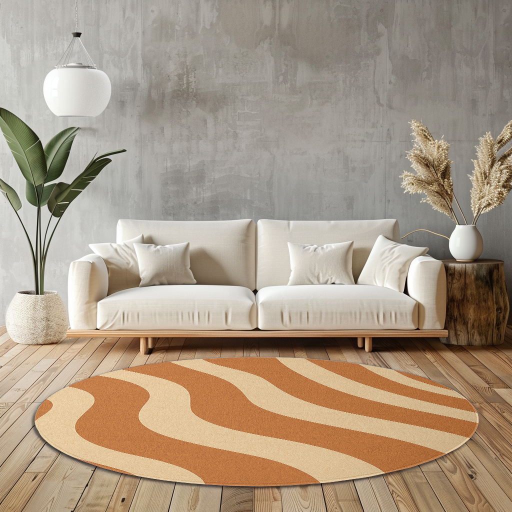 Round rug with flowing terracotta and cream curved stripe pattern, designed with a soft retro style and earthy neutral tones.