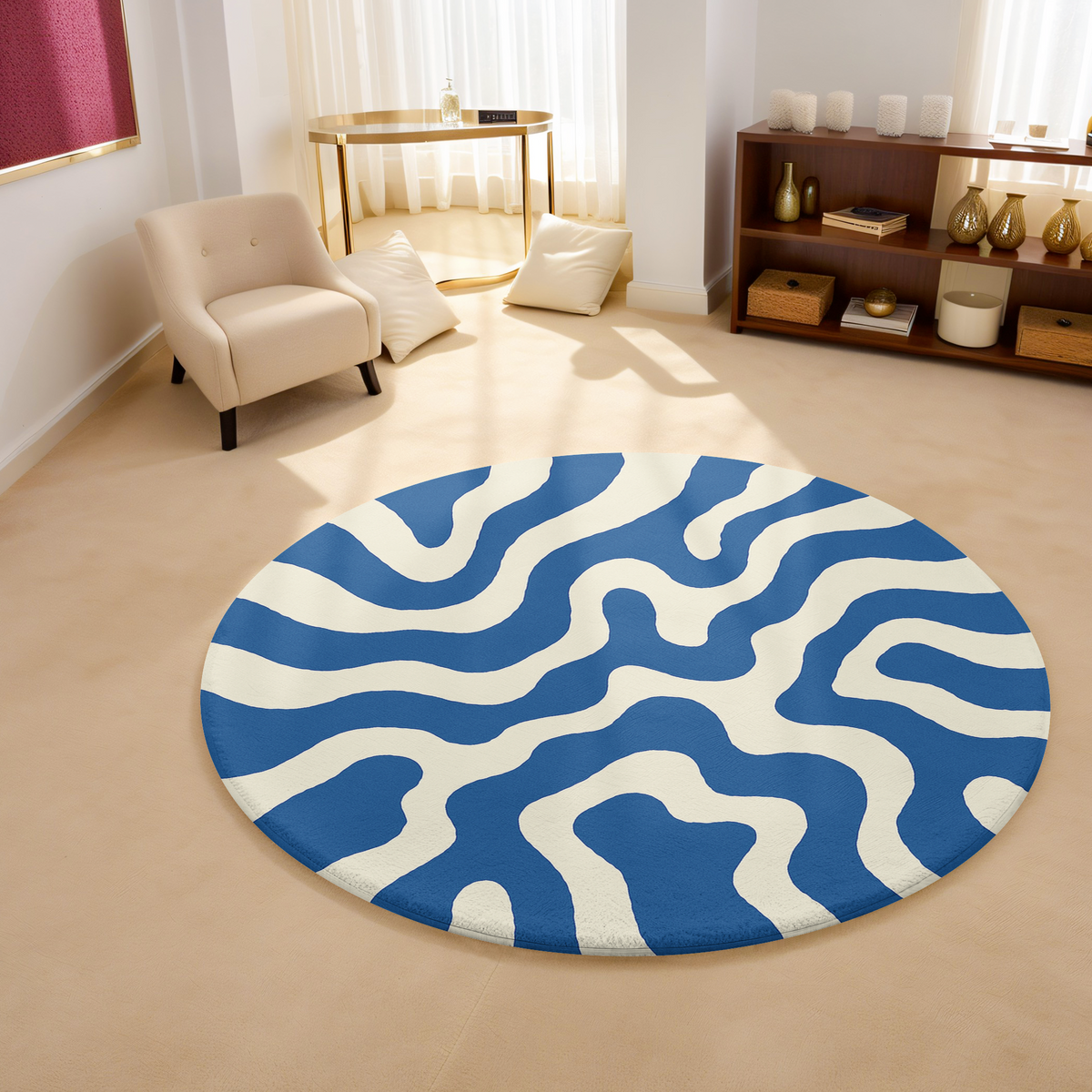 Blue and white circular rug featuring a wavy line design, styled in a cozy, well-lit space.