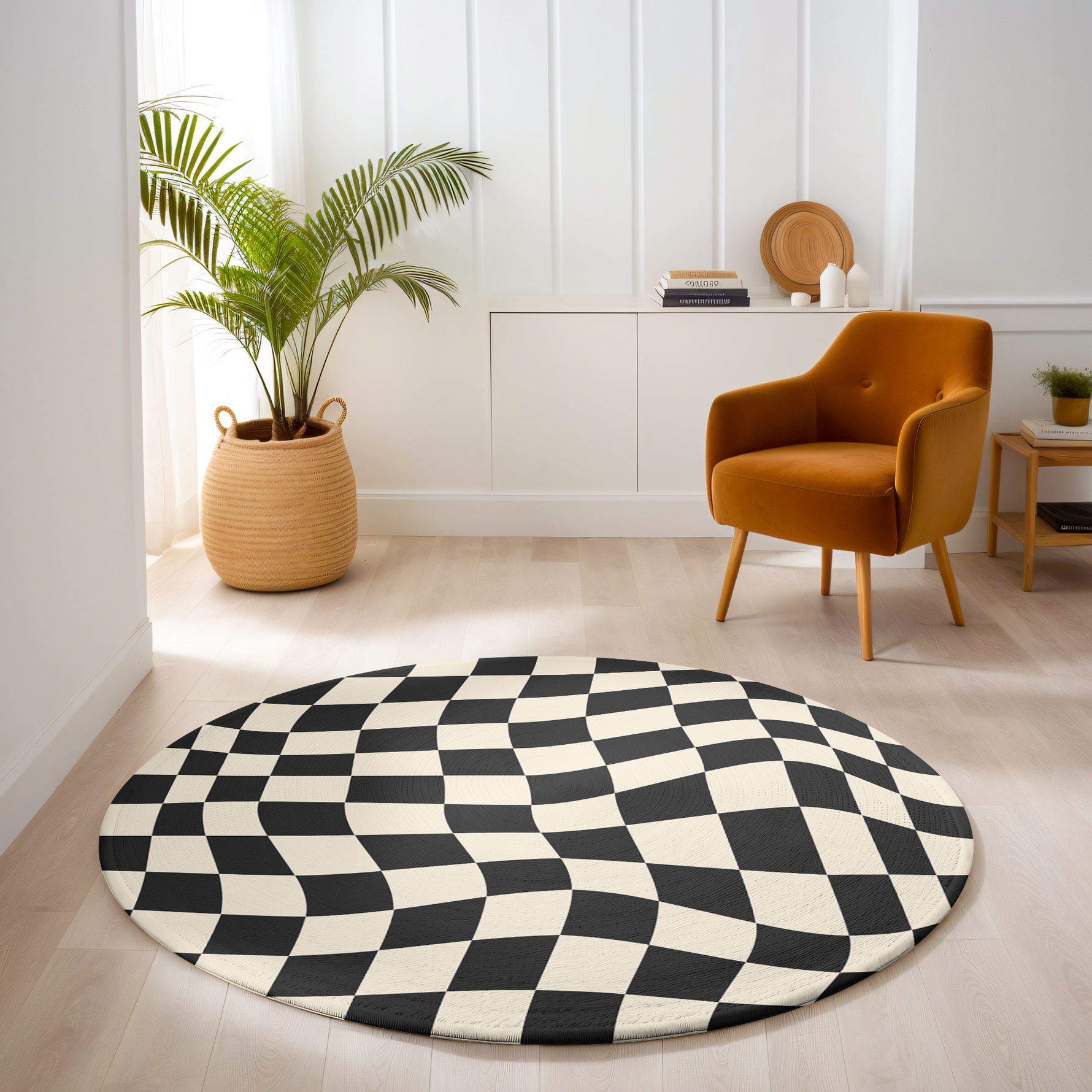 Round rug with black and white wavy checkerboard pattern, styled in a bright, modern room with wood flooring and minimal furnishings.