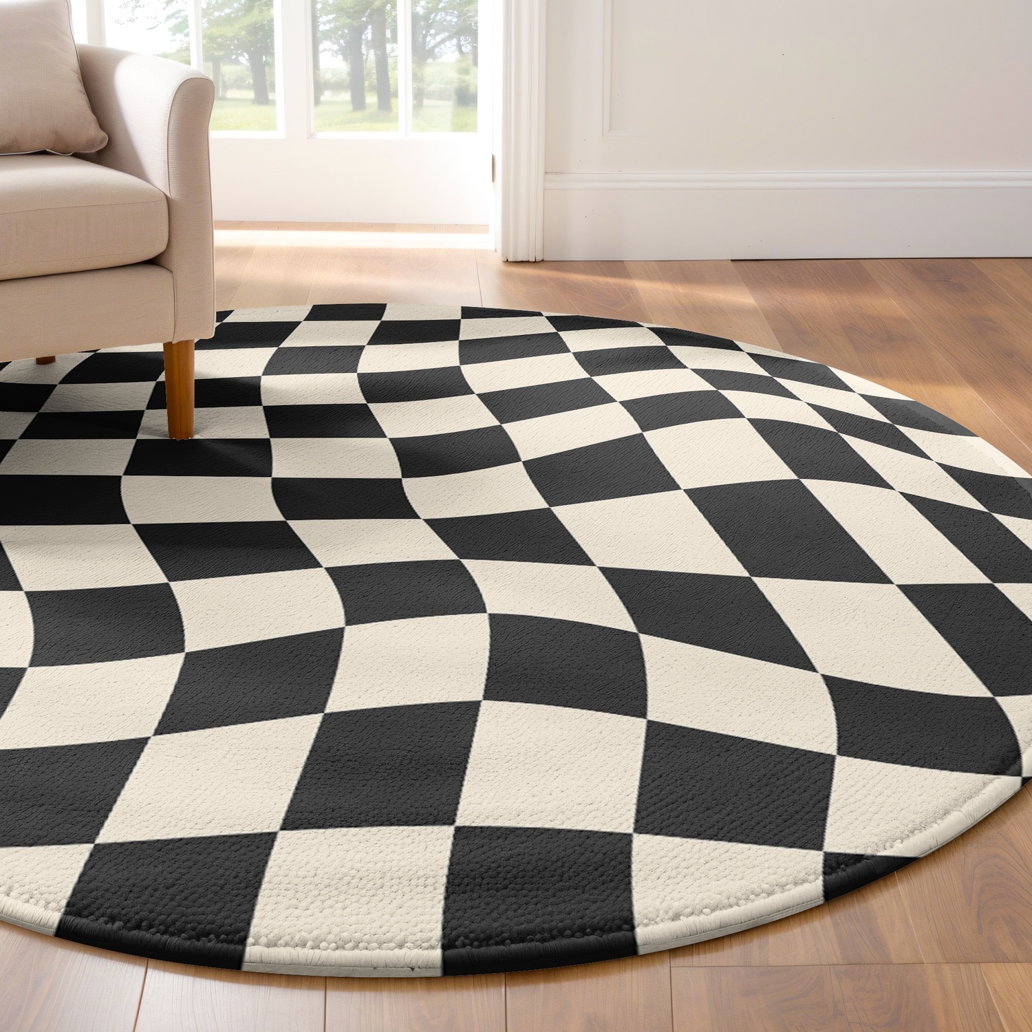 Round rug with black and white wavy checkerboard pattern, styled in a bright, modern room with wood flooring and minimal furnishings.