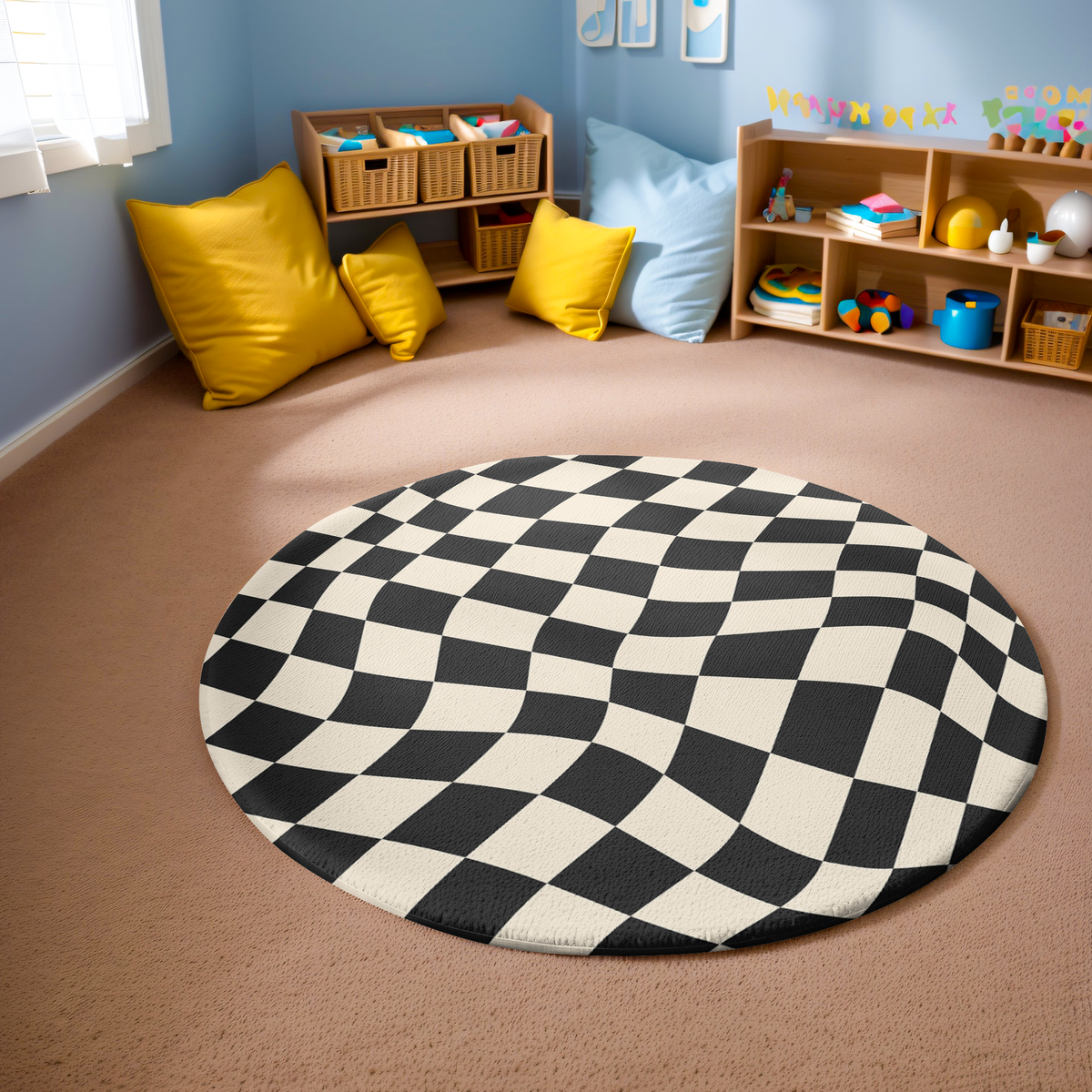 Round rug with black and white wavy checkerboard pattern, styled in a bright, modern room with wood flooring and minimal furnishings.