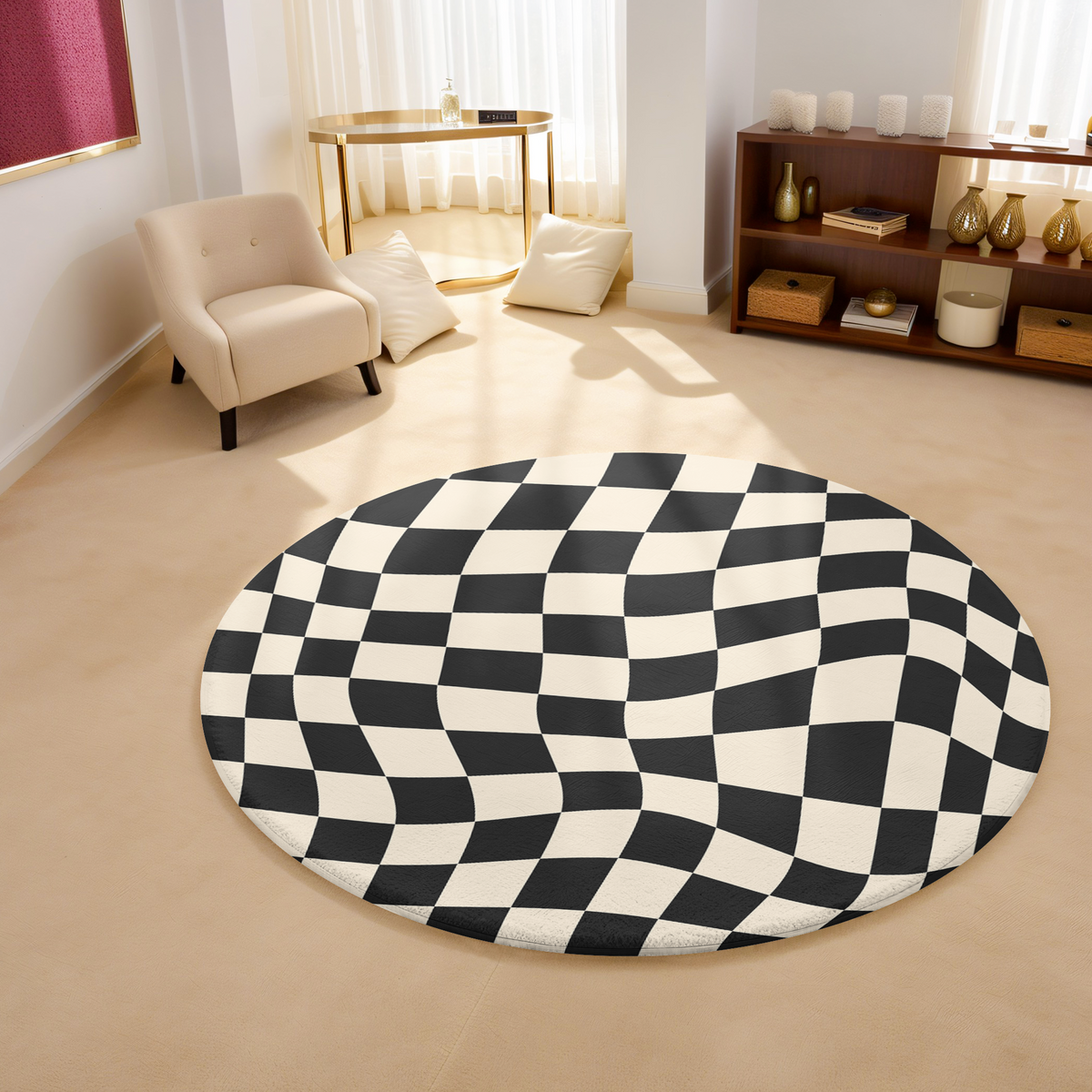 Round rug with black and white wavy checkerboard pattern, styled in a bright, modern room with wood flooring and minimal furnishings.