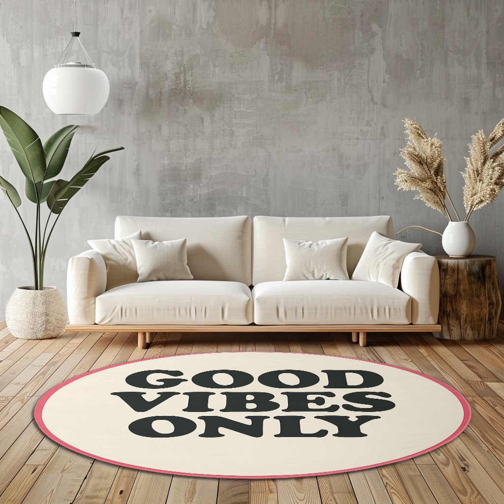 Round cream rug with bold black text reading “Good Vibes Only” and a pink border, designed in a playful retro style.