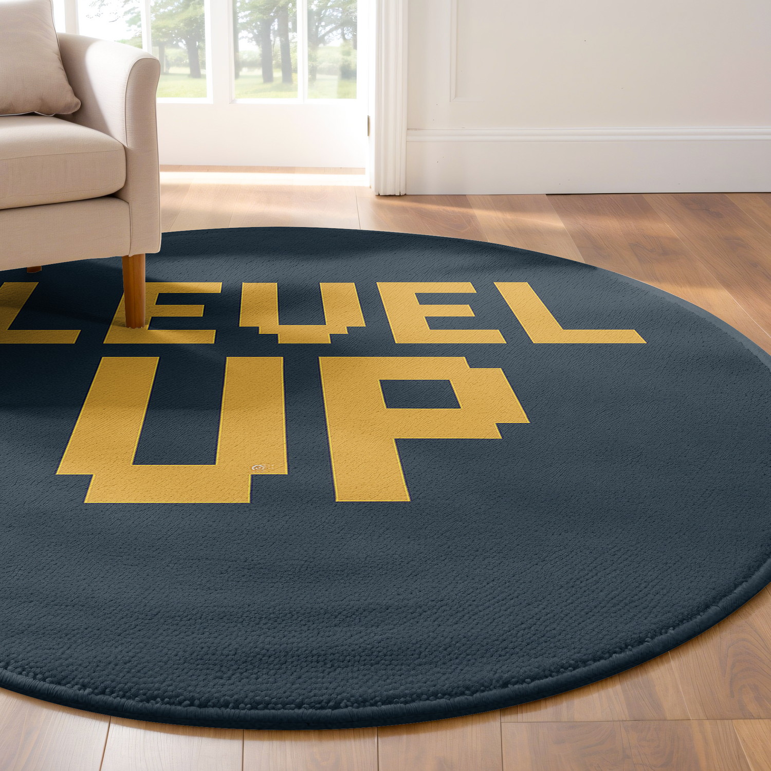 Round rug with yellow pixel-style “LEVEL UP” text on a dark charcoal background, in a clean modern space with bold, minimalist styling.
