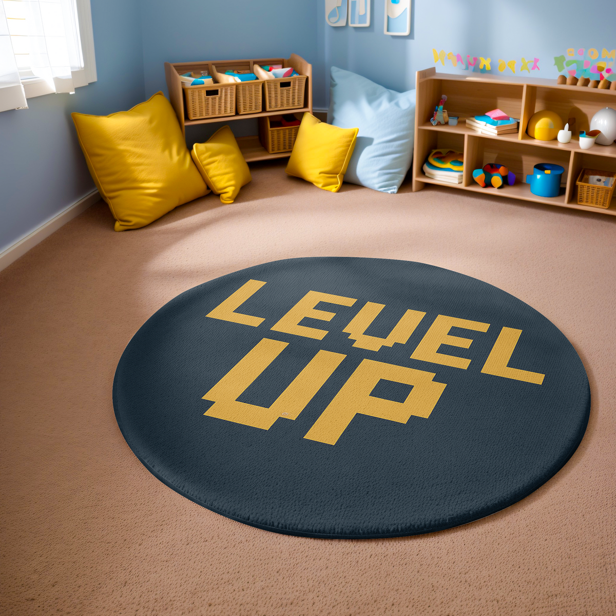 Round rug with yellow pixel-style “LEVEL UP” text on a dark charcoal background, in a clean modern space with bold, minimalist styling.